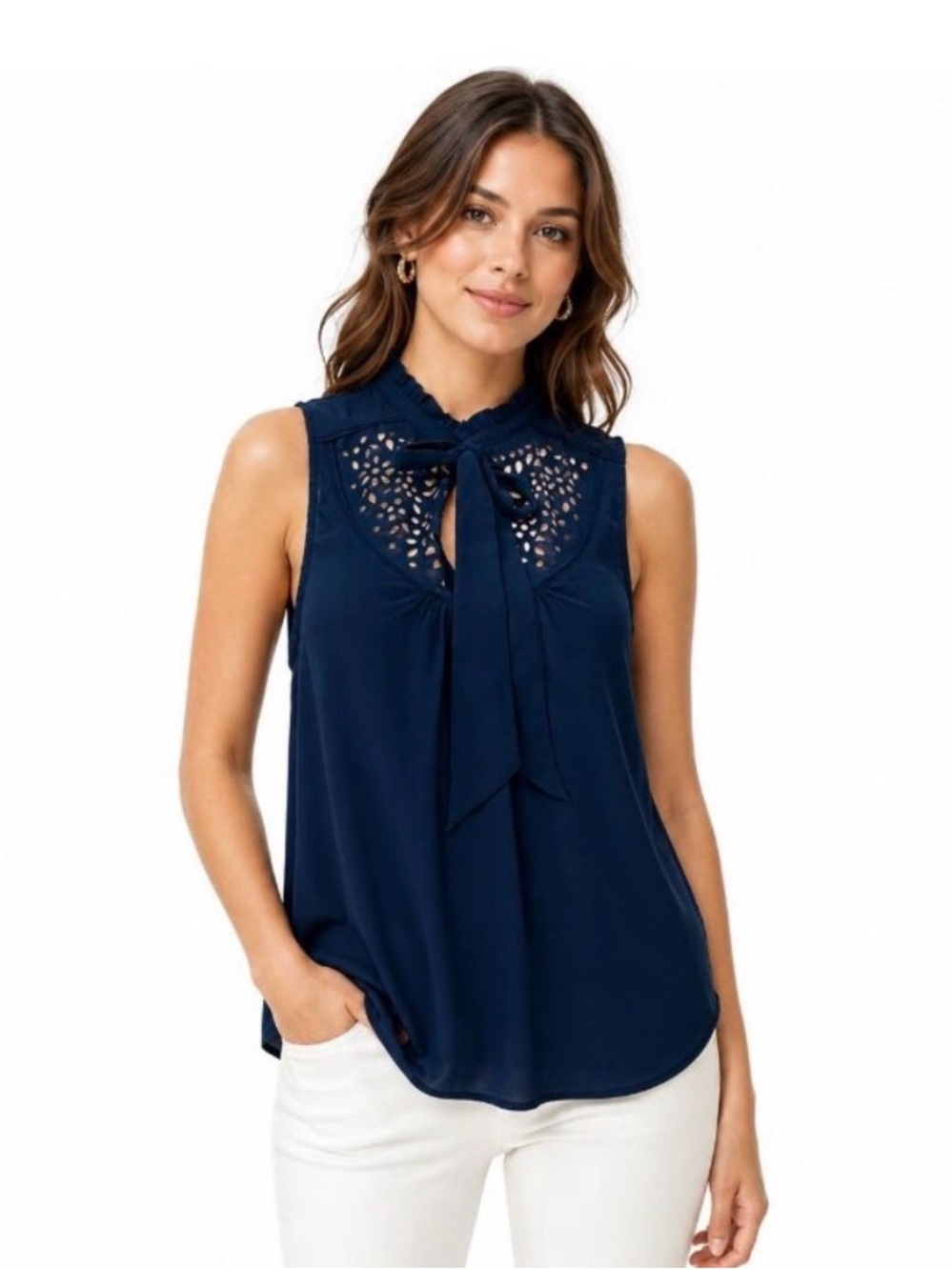 Anthropologie Maeve Navy Sleeveless Tie-Neck Cutout Yoke Blouse